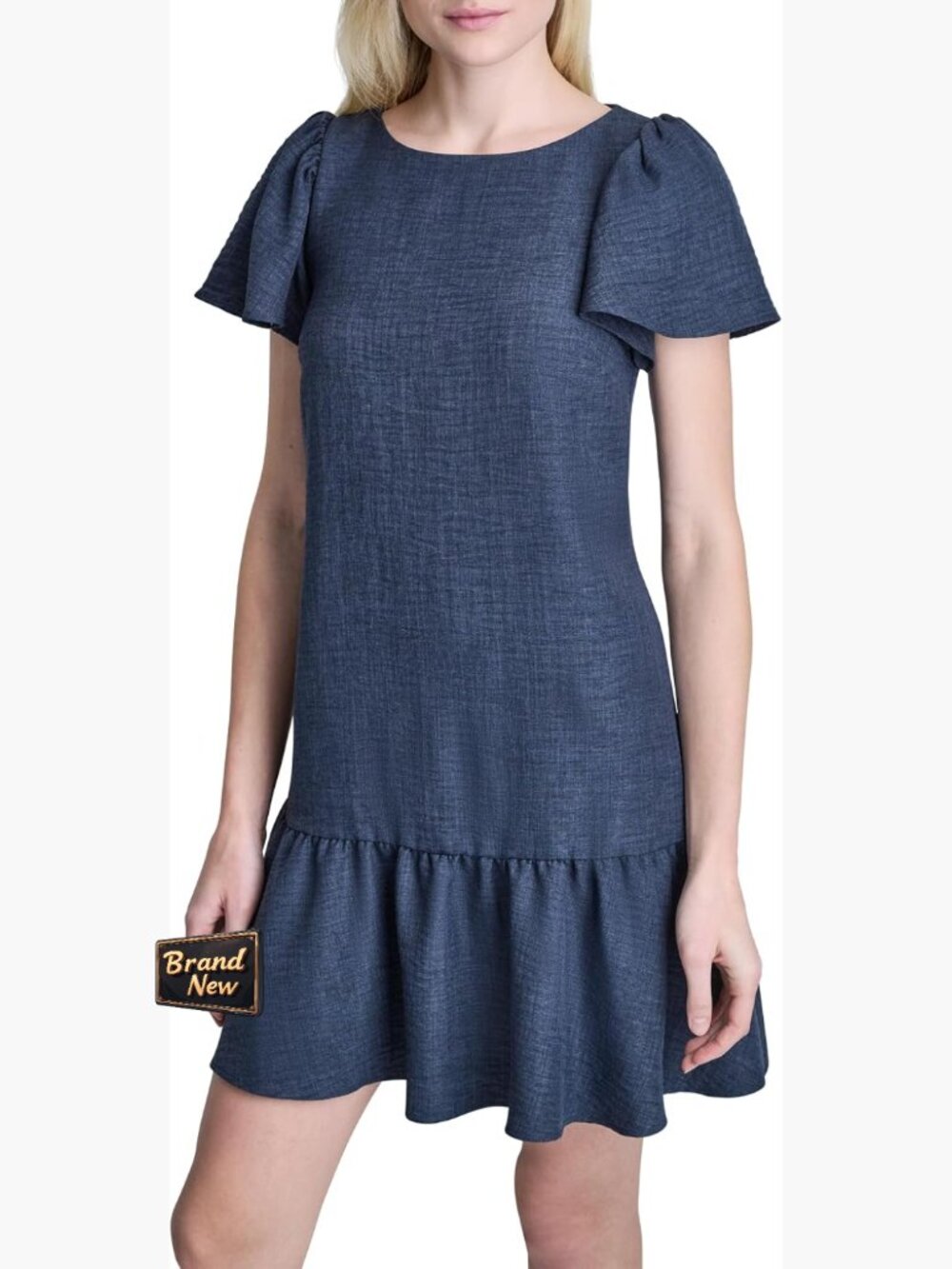 Flowy Short Sleeve Ruffle Hem Dress Shift Silhouette Zip Closure